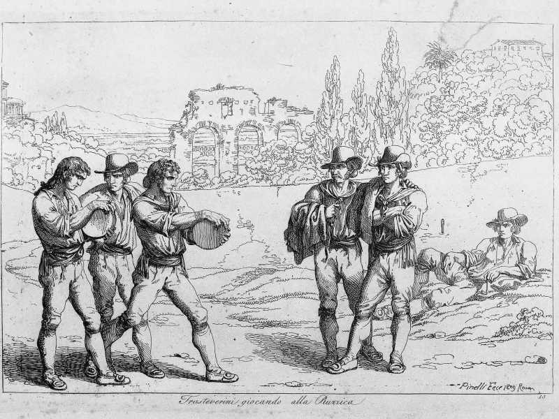 Bartolomeo Pinelli, "trasteverini giocando alla ruzzica", Gabinetto Disegni e Stampe, Fondo Nazionale<br /> <br />