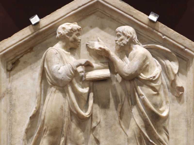 Platone e Aristotele, formella di Luca della Robbia (Wikipedia) 