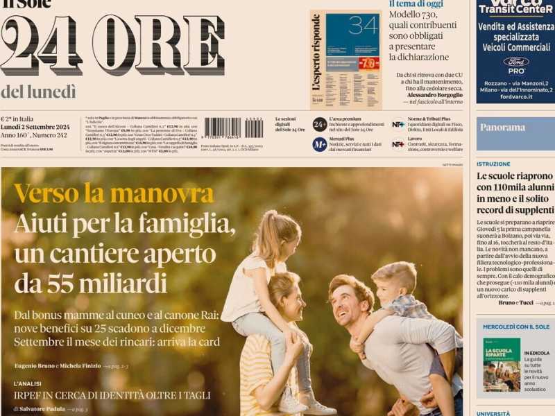 La prima pagina del Sole 24 Ore di Luned&igrave; 2 settembre 2024