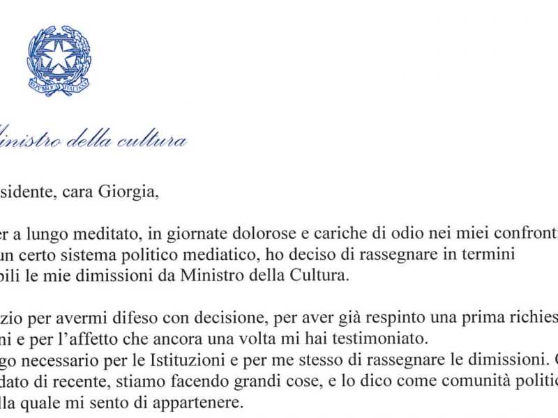 Ecco la lettera di dimissioni di Gennaro Sangiuliano