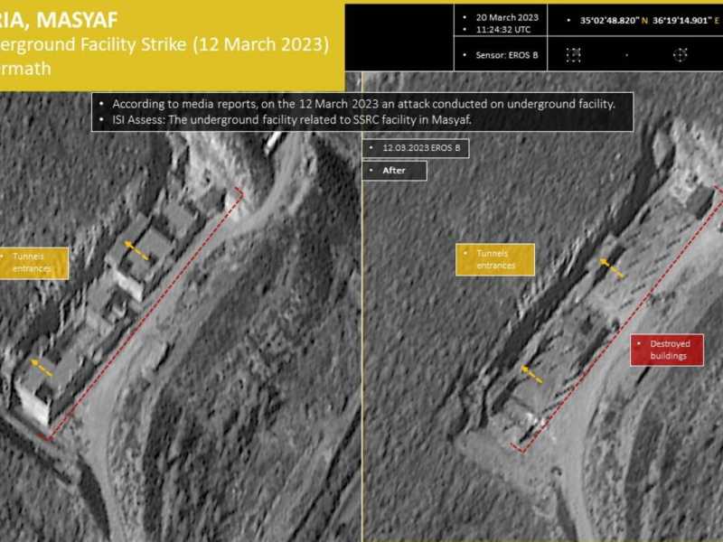 <span style="font-family: Arial, Verdana, sans-serif; font-size: 12px;">Una foto satellitare scattata lo scorso anno che mostra i tunnel dello stabilimento militare di Masyaf</span>