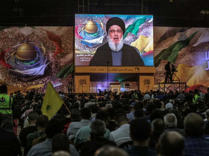 Nasrallah tiene un discorso televisivo per la giornata internazionale di al-Quds nel sobborgo meridionale di Beirut (foto Marwan Naamani/Getty Images)&nbsp;<br />