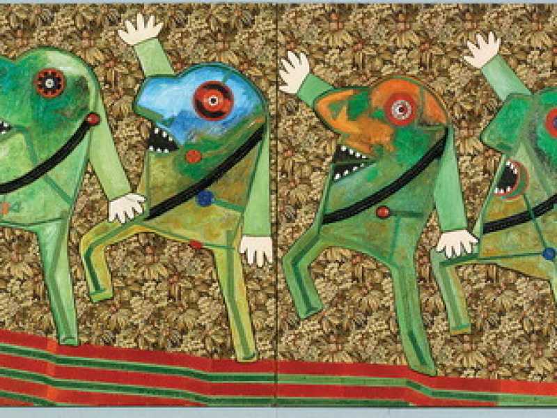 Enrico Baj, Parata a sei, 1964 olio e collage su stoffa, 190 x 480 x 3 cm (in due parti, ciascuna 190 x 240 x 3 cm) Archivio Enrico Baj, Vergiate (VA)<br />