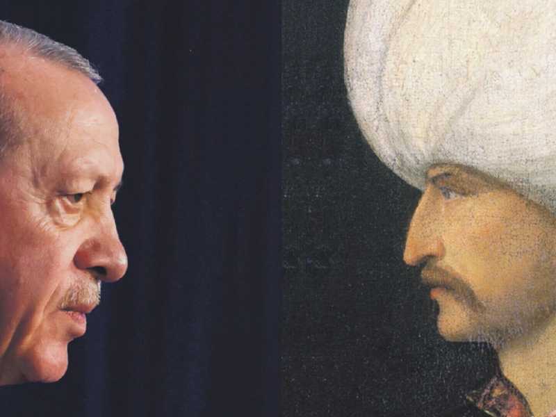 Recep Tayyip Erdogan &egrave; presidente della Turchia dal 2014 (foto Getty). A destra, Solimano il magnifico ritratto dalla bottega di Tiziano (Wikipedia)&nbsp;<br />