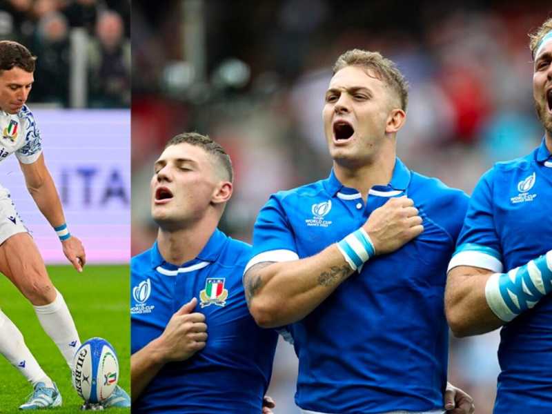 Fratelli azzurri: nella foto a sinistra Paolo Garbisi e in quella a destra suo fratello Alessandro e i fratelli Lorenzo e Niccol&ograve;&nbsp; Cannone (foto Getty Images)
