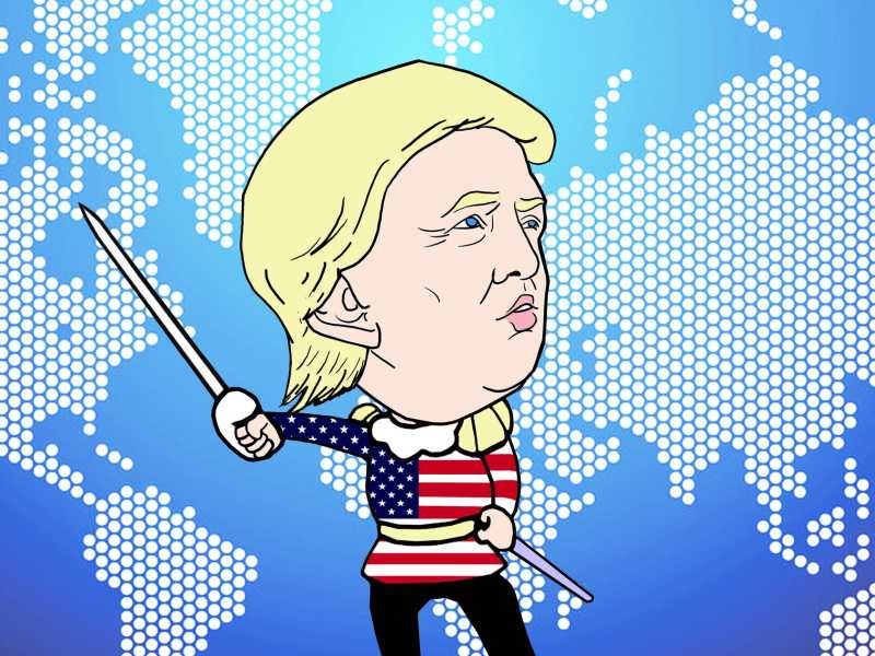 Una caricatura di Trump diffusa a Shanghai, in Cina, mostra il presidente americano che sguaina la spada dei dazi (foto Getty) <br />