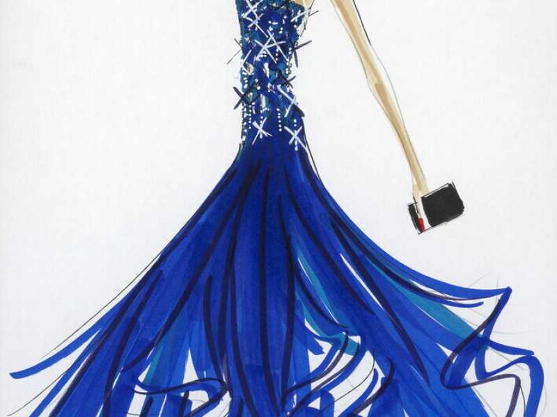 Disegno di un abito da gran sera della collezione inverno 2006 e un look della sfilata inverno 2011 (photo SGP)