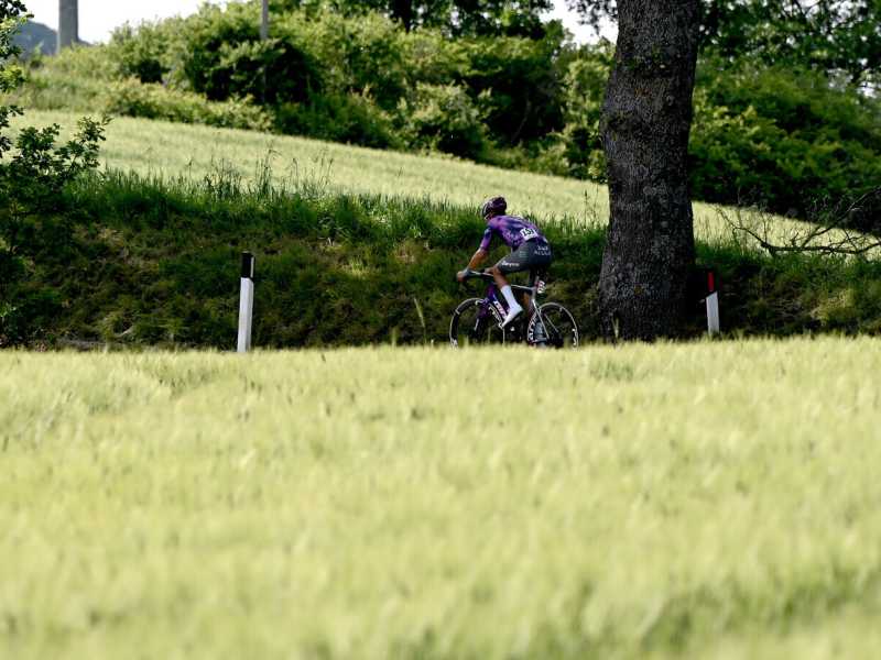 La fuga solitaria di Luke Plapp verso Castelraimondo al Giro d'Italia 2025 (foto Getty Images)