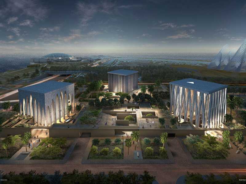 Una vista dall’alto della Casa abramitica e dei musei di Saadiyat ad Abu Dhabi (foto studio Adjaye e associati) <br />