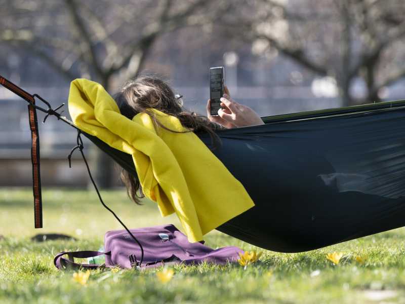 Una donna scorre lo smartphone sdraiata su un'amaca (Foto di Sebastian Kahnert/picture alliance via Getty Images)&nbsp;<br />