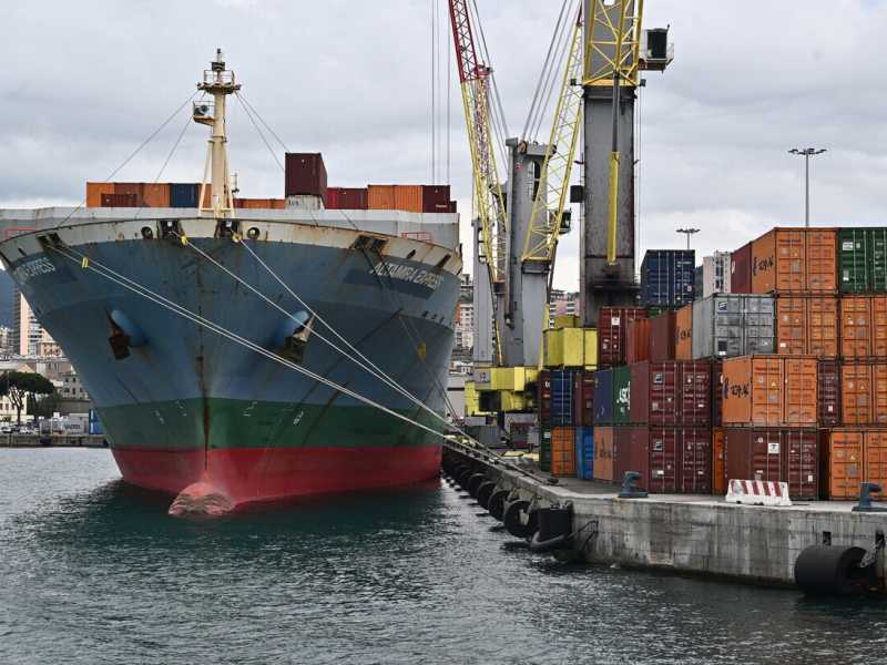 Una veduta del moli e delle navi portacontainer del porto di Genova (Ansa)&nbsp;<br />