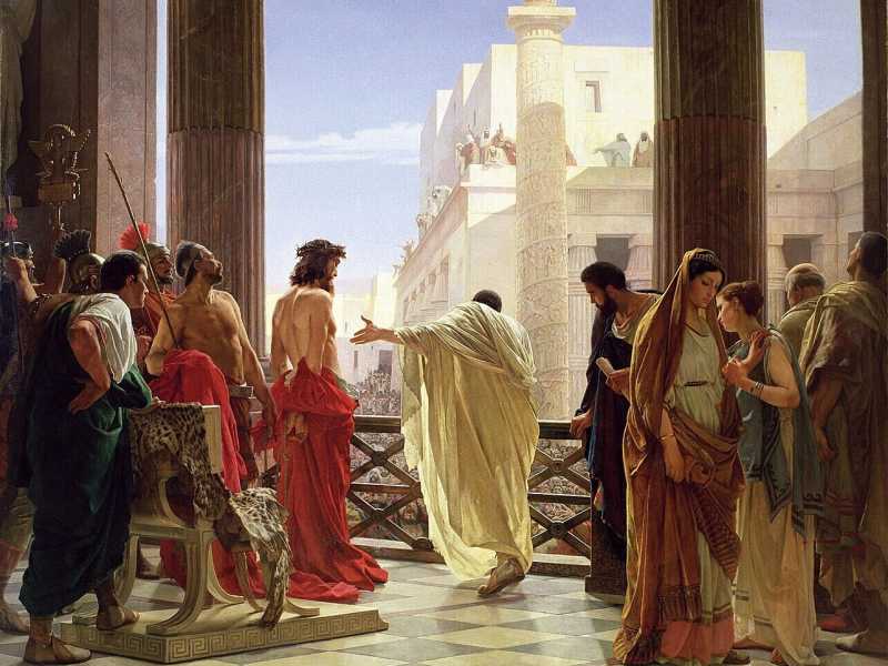 Pilato indica Gesù alla folla. Antonio Ciseri, “Ecce Homo”(1850) <br />