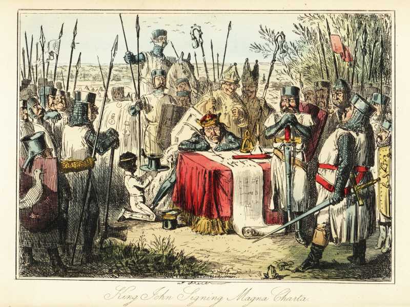Re Giovanni circondato da baroni e vescovi firma la Magna Carta a Runnymede, 1215 (Foto Florilegius/Universal Images Group via Getty Images) <br />