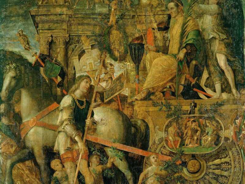 Andrea Mantegna, “Giulio Cesare sul carro trionfale”, nona tela dai “Trionfi di Cesare in Gallia”, tempera a colla, 1485-1505 <br />