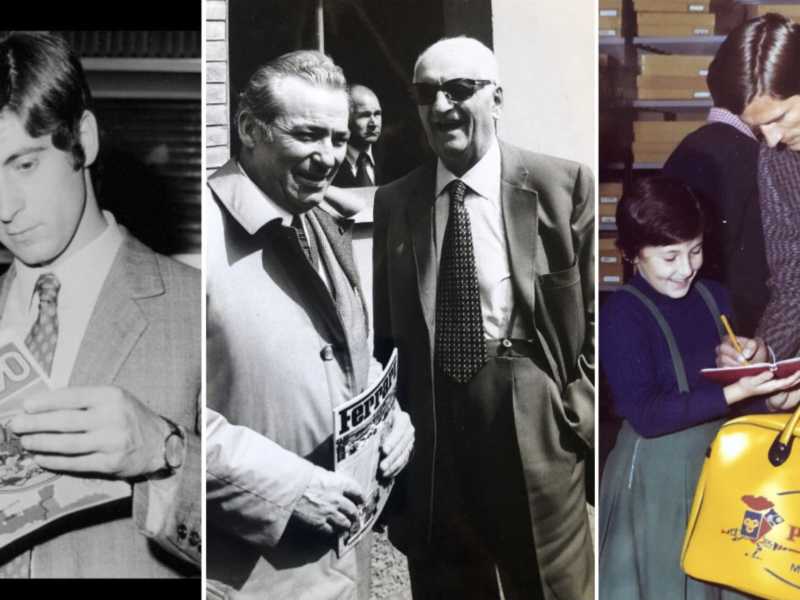 Dall&rsquo;album dei ricordi della Panini: Gianni Rivera con l&rsquo;album Mexico &lsquo;70, Giuseppe con Enzo Ferrari e Facchetti in visita alla fabbrica di Modena
