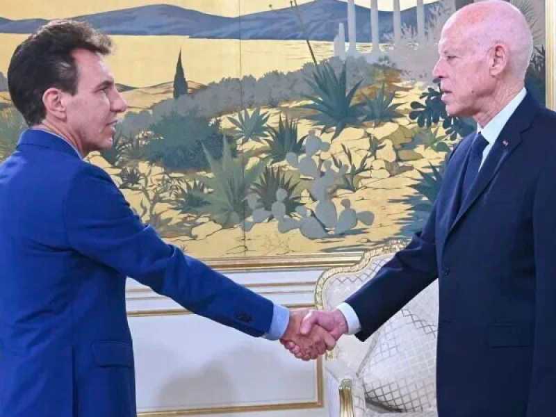 L'ambasciatore dell'Ue Giuseppe Perrone con il presidente Kais Saied in un fotogramma diffuso dalla presidenza tunisina