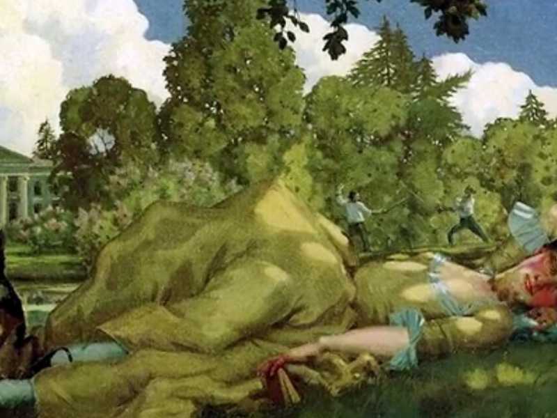 Giovane donna addormentata sull'erba, di Kostantin Somov, 1913 <br />