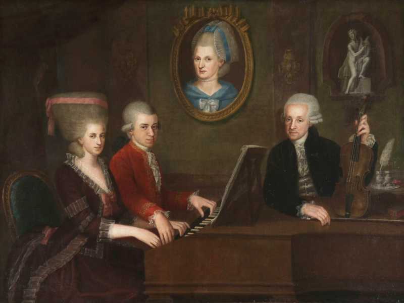 Johann Nepomuk della Croce, La famiglia Mozart, olio su tela, 1780 circa. L'opera è esposta al Tanzmeisterhaus museum (Residenza di Mozart) a Salisburgo, in Austria <br />