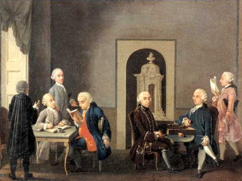Antonio Perego, L'Accademia dei Pugni. Da sinistra: Alfonso Longo, Alessandro Verri, Giambattista Biffi, Cesare Beccaria, Luigi Stefano Lambertenghi, Pietro Verri, Giuseppe Visconti di Saliceto<br />