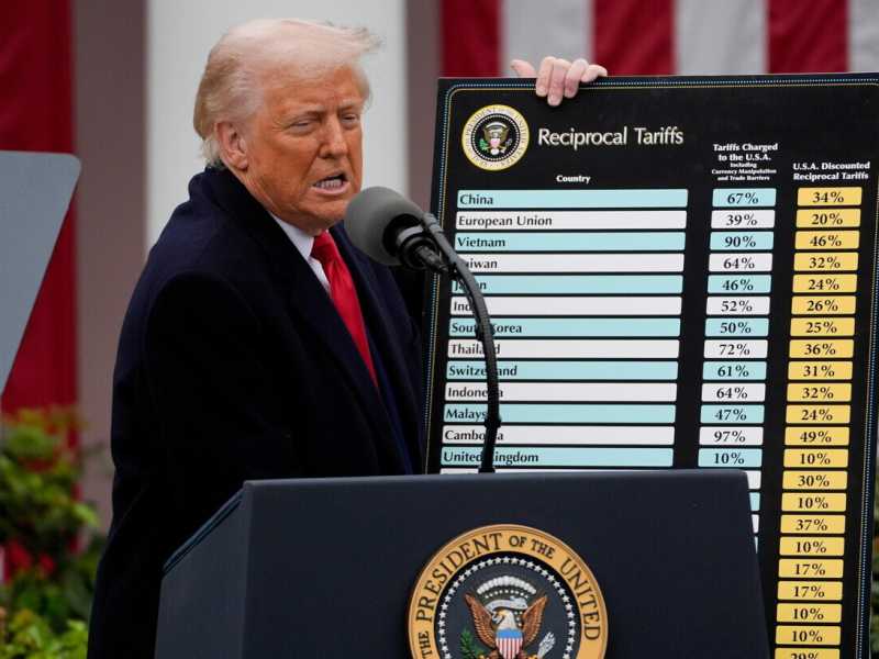 Il presidente degli Stati Uniti Donald Trump mostra la tabella dei dazi presentandoli alla Casa Bianca, Washington, 2 aprile (foto ANSA)