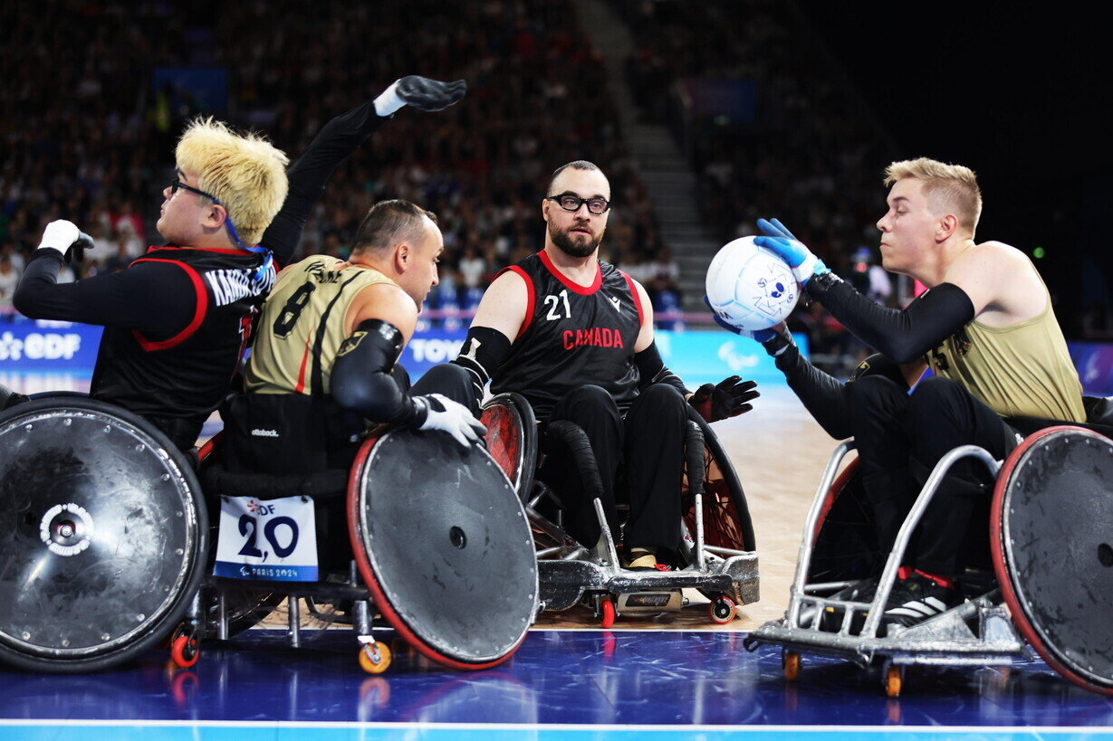 Turno preliminare di wheelchair rugby del gruppo A, la partita &egrave; fra Germania e Canada (foto ANSA)