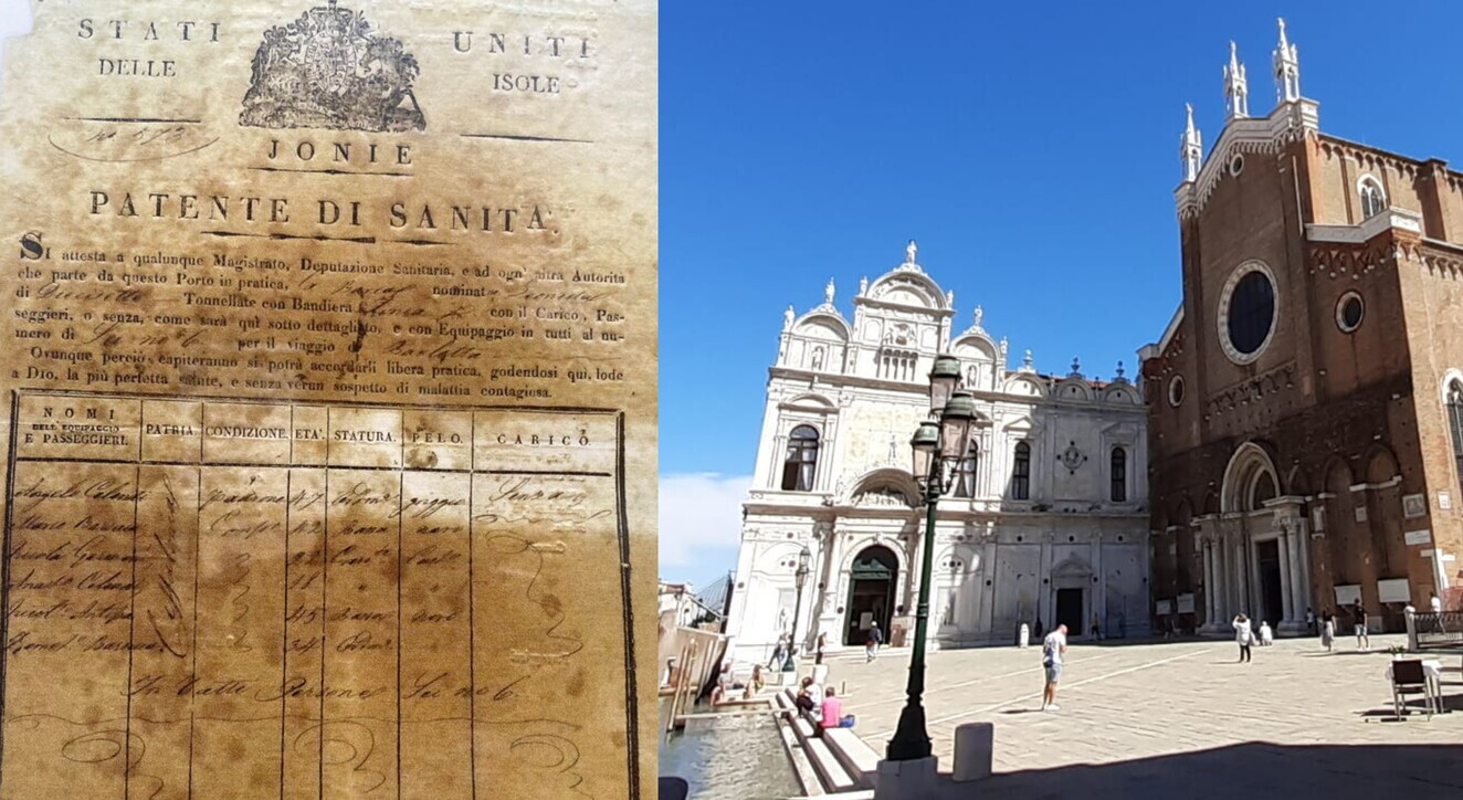 Patente di sanit&agrave; rilasciata a Corf&ugrave; e la Scuola grande di San Marco, oggi ingresso dell'ospedale civile di Venezia