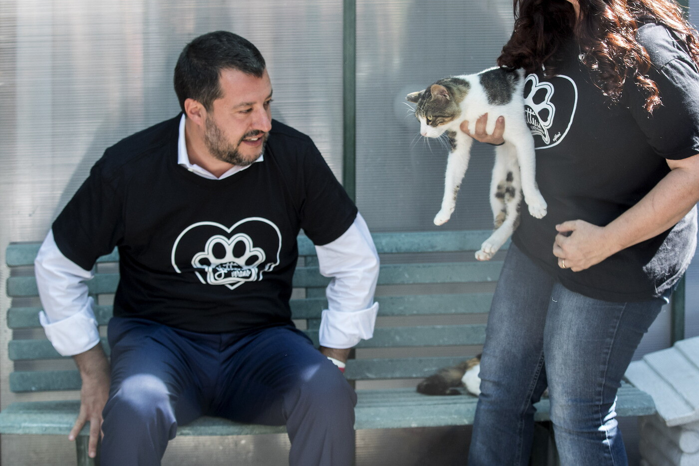 Matteo Salvini visita il gattile del Verano ( foto LaPresse)