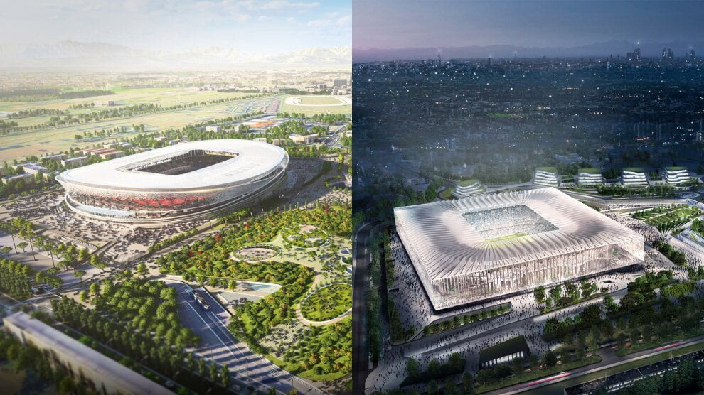 I due progetti per il nuovo stadio di Milano sono dello studio Populous (a destra, in notturna) e del consorzio Sportium/Manica