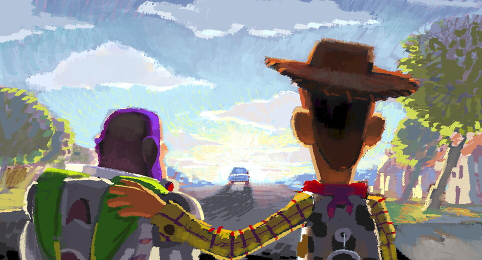 Robert Kondo layout Jason Katz, John Sanford Beat Board: Addio Andy Toy Story 3, 2010 Dipinto digitale &copy;Disney/Pixar