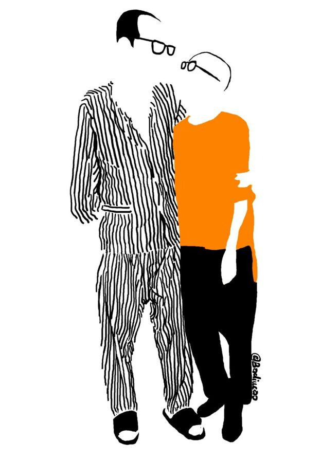 Liu Xiaobo con la moglie Liu Xia, anche lei sotto arresto per il suo impegno per la democrazia in Cina. La foto &egrave; diventa fonte di ispirazione per molti disegni diventati celebri. Questo &egrave; del cinese Badiucao e si intitola "The patient of China".