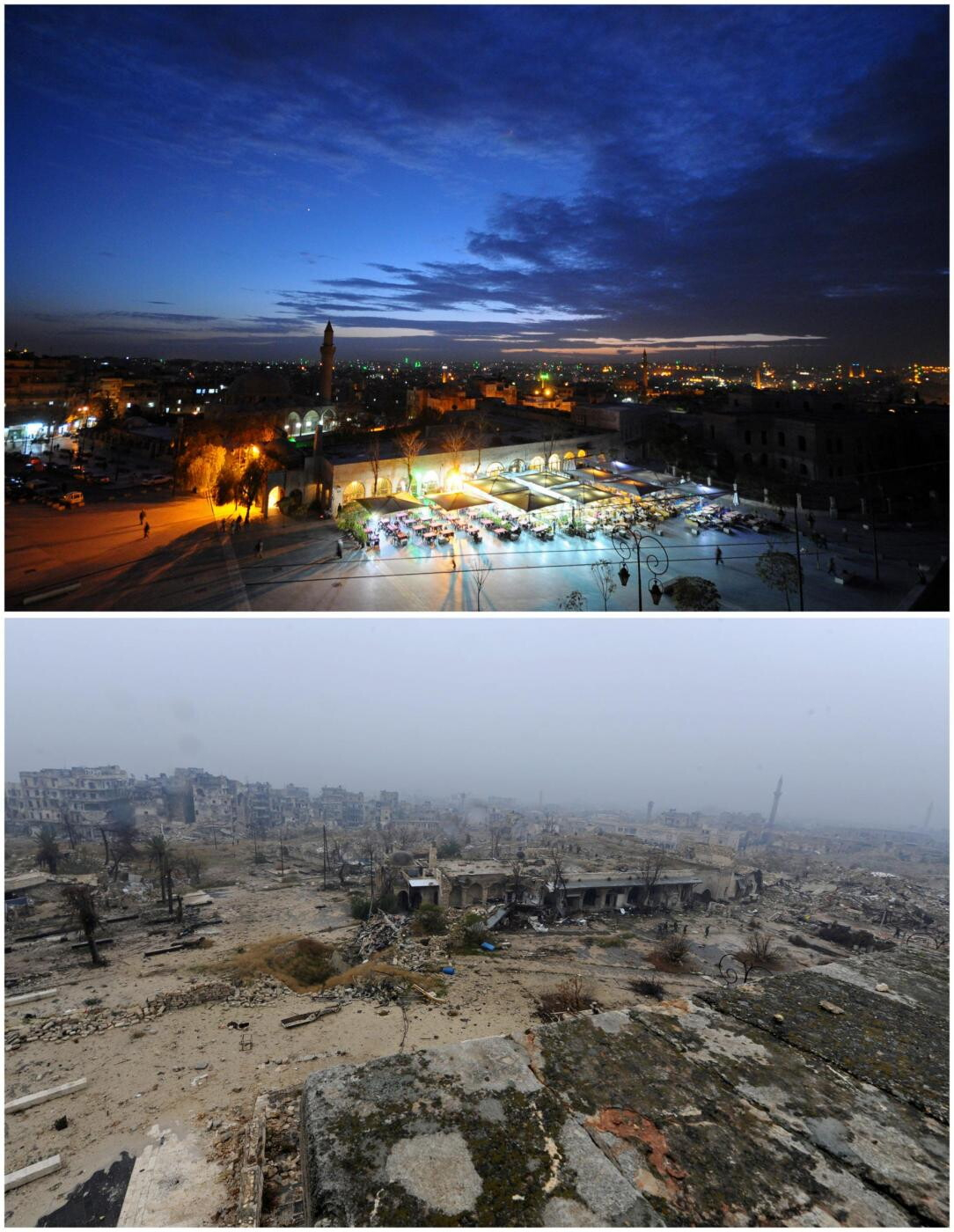 La citt&agrave; vecchia di Aleppo nel dicembre 2008 (sopra) e dopo che &egrave; stata riconquistata dai governativi nella prima settimana di dicembre 2016, dopo tre giorni di raid