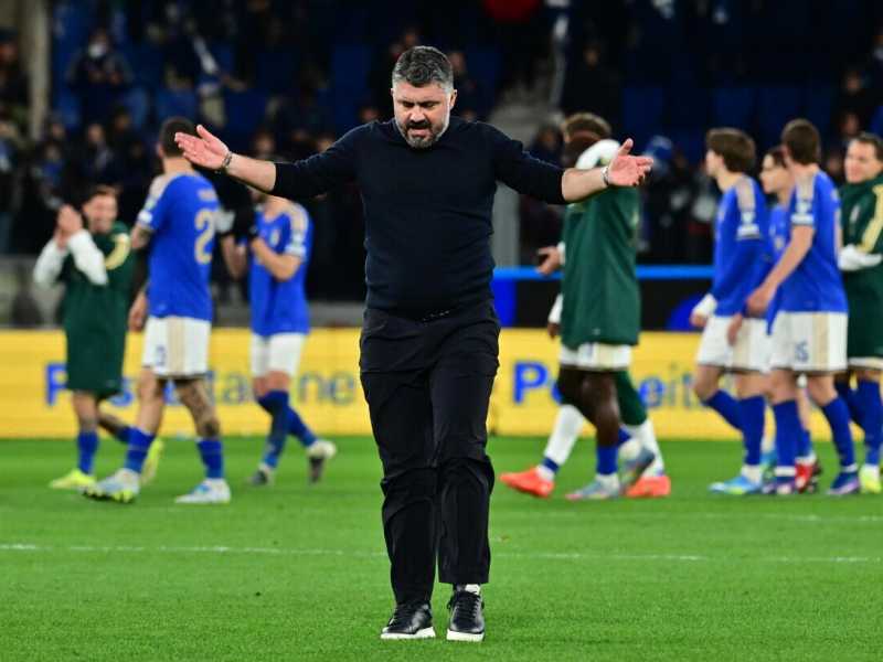 Gennaro Gattuso festeggia la qualificazione alla finale dei playoff per la qualificazione ai Mondiali (foto Ansa)