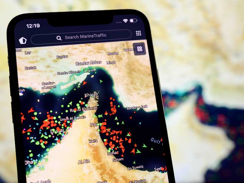 La mappa di MarineTraffic dello Stretto di Hormuz (Samuel Boivin/NurPhoto via Getty Images)