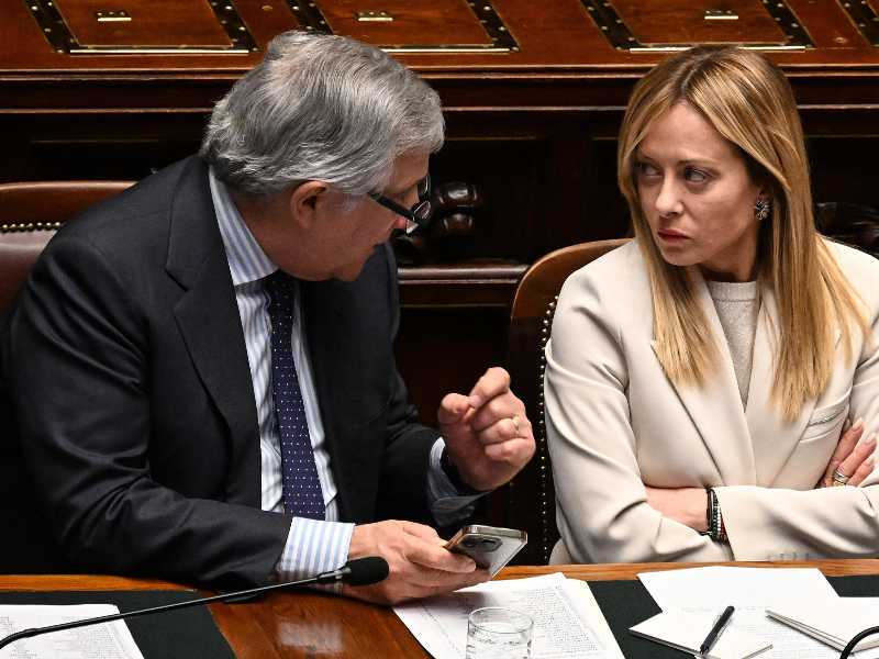 Italian Premier Giorgia Meloni (R) with Italian minister of Foreign Affairs, Antonio Tajani (L), as she reports to the Lower House on Middle East crisis ahead of European Council, Rome, Italy, 11 March 2026. ANSA/RICCARDO ANTIMIANI