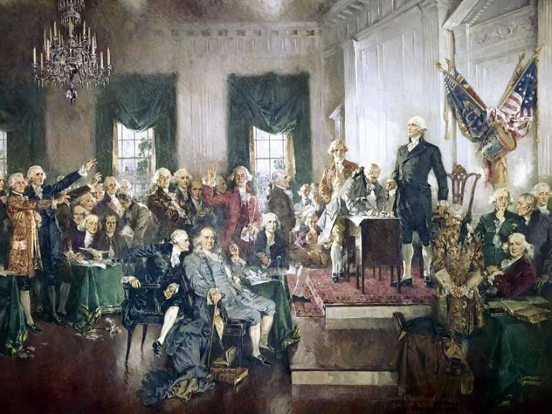 La firma della costituzione degli Stati Uniti nel 1787 (foto Getty)