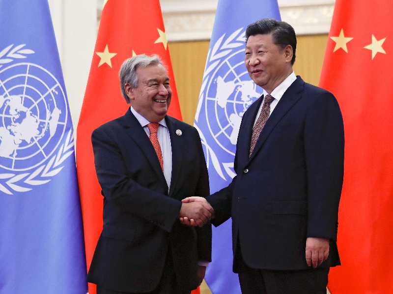 Il segretario generale delle Nazioni Unite Antonio Guterres e Xi Jinping si incontrano a Pechino prima di un bilaterale alla Grande Sala del Popolo il 2 settembre 2018