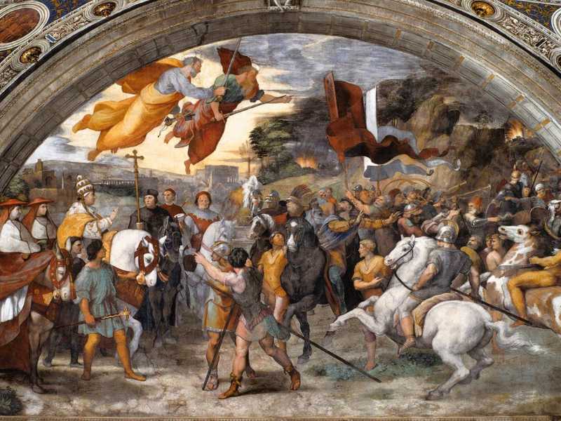"Incontro di Leone Magno con Attila", affresco di Raffaello databile al 1513-1514 nella Stanza di Eliodoro, una delle Stanze Vaticane (Wikipedia)