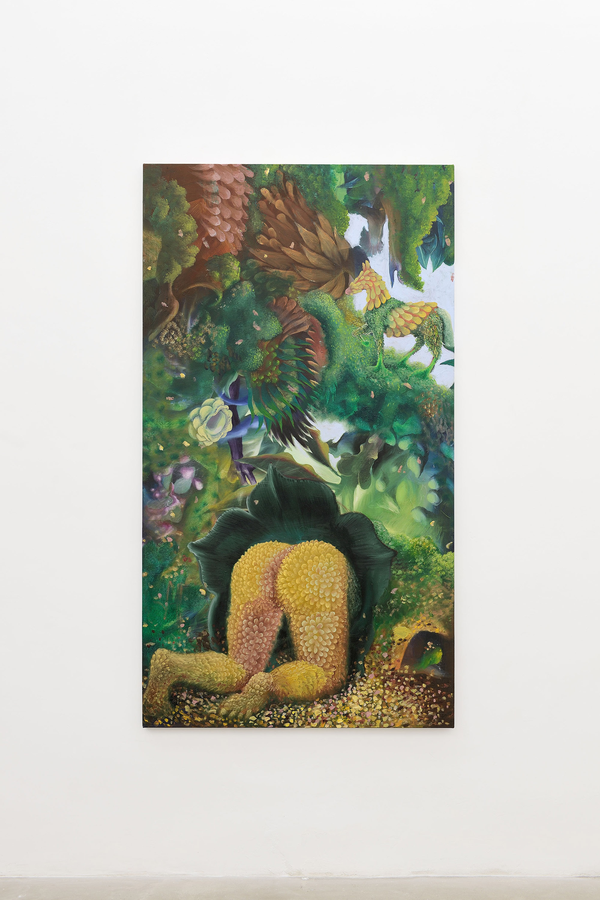 Fuori mimosa / Dentro rosa / A forma di cuore / Per trenta persone, 2026, olio su tela, 180 × 100 cm, . Roberto Apa, courtesy ADA, Rome