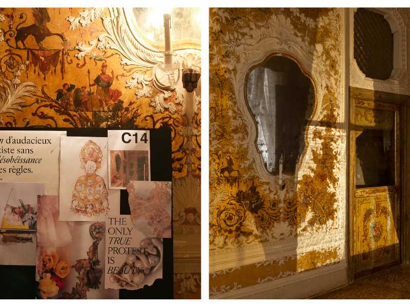 Accostamenti palatini. Una serie di composizioni di percorso e fotografiche studiate da Dries Van Noten per l'apertura della mostra a Palazzo Pisani Moretta