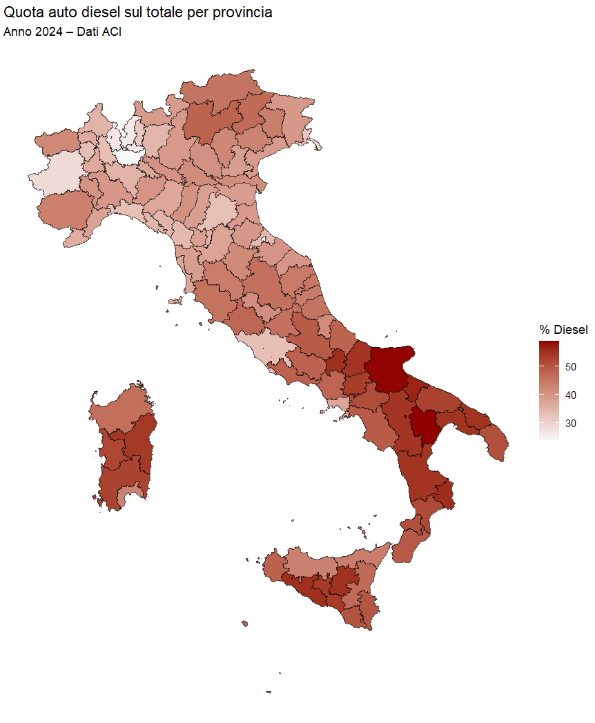 Province italiane: quota di auto diesel sul totale delle immatricolazioni, percentuale di voti per il No al referendum costituzionale confermativo sulla riforma della giustizia si è tenuto il 22 e 23 marzo 2026.Elaborazioni su dati ACI ed Eligendo – Ministero dell’Interno 