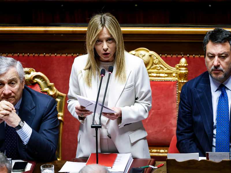 La presidente del Consiglio Giorgia Meloni e i due vicepremier, Antonio Tajani e Matteo Salvini. Foto Ansa