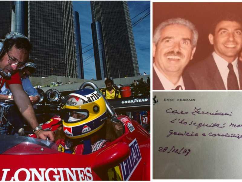 Michele Alboreto (1956-2001) in pista con Mauro Forghieri. Nella foto piccola Zermiani con Michele e la moglie Nadia e il biglietto dell’Ingegnere. Accanto foto di gruppo dei piloti italiani (Alboreto, Nannini, Patrese) ai 50 anni di Zermiani (foto Getty)