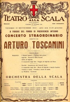 La locandina del concerto con musiche wagneriane che Arturo Toscanini ha diretto a capo dell&rsquo;Orchestra della Scala nel 1952, a 85 anni e mezzo.
