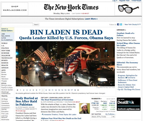La home page del New York Times cambia grafica per l'occasione. Foto molto grande al centro.