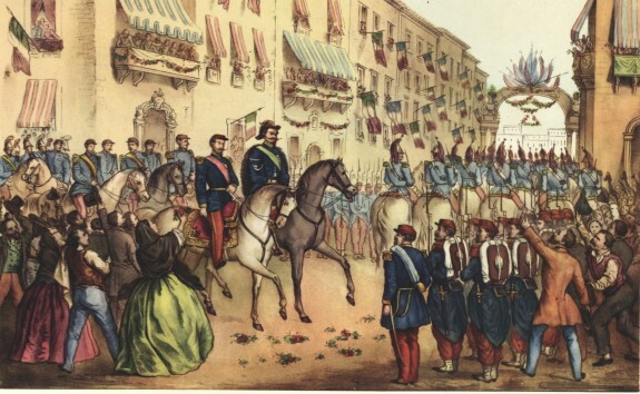 S. Pistolesi, &ldquo;Napoleone III e Vittorio Emanuele II entrano in Milano (alba dell&rsquo;8 giugno 1859)&rdquo;. Cromolitografia.