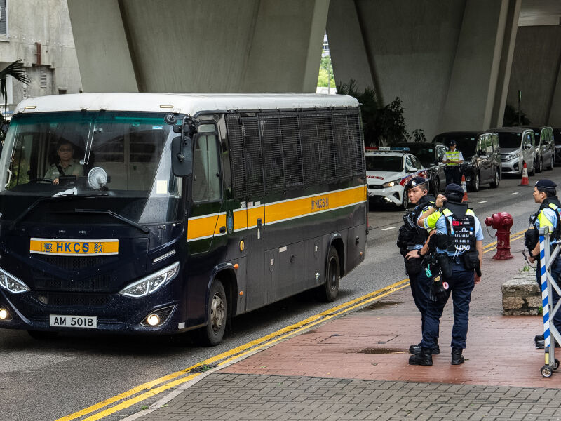 A vehicle from the Department of Correctional Services arrives at the West Kowloon Magistrates’ Court in Hong Kong on Friday 21 August 2026. (AP Photo/Chan Long Hei)